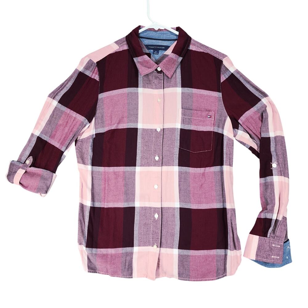 Tommy Hilfiger Button Up Shirt sz M Women Buffalo Plaid Red Purple Pink Roll Tab